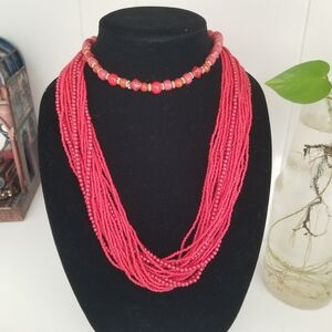 Chunky Beaded Necklace Coral Red Multi Strand Long